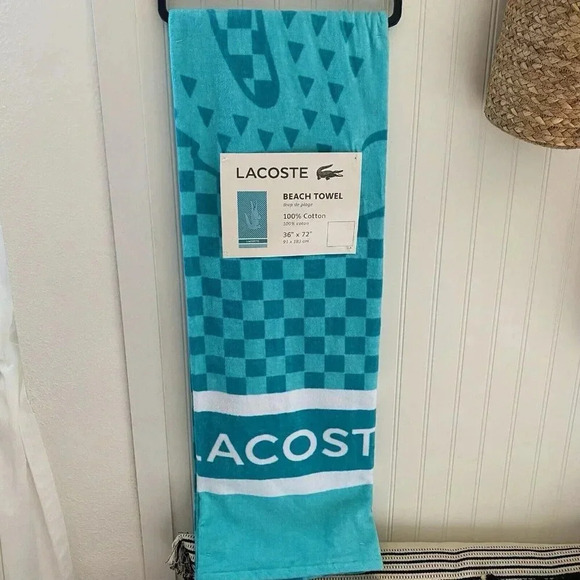 LACOSTE Aqua Blue 36"x72" Beach Pool Towel Alligator Logo 100% Cotton NEW! - Picture 1 of 6